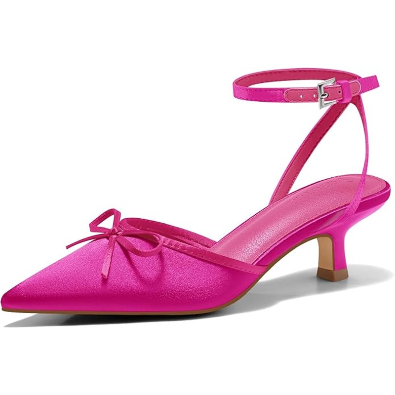 Coutgo Women Size 6 Pink Satin Bow Kitten Low 2.5" Heel Closed Pointed Toe Shoes