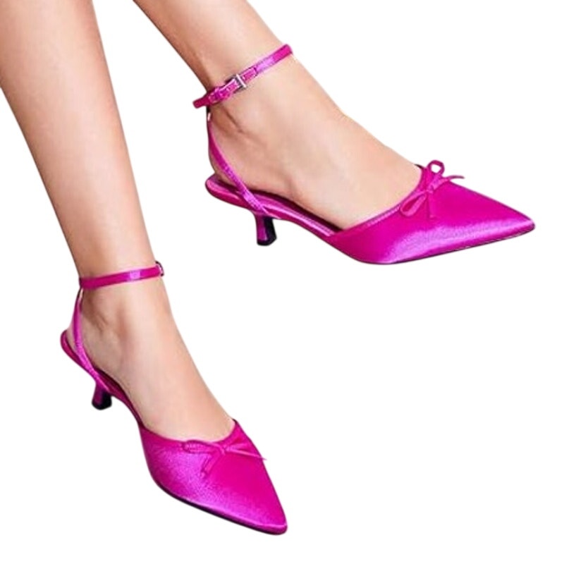 Coutgo Women Size 6 Pink Satin Bow Kitten Low 2.5" Heel Closed Pointed Toe Shoes