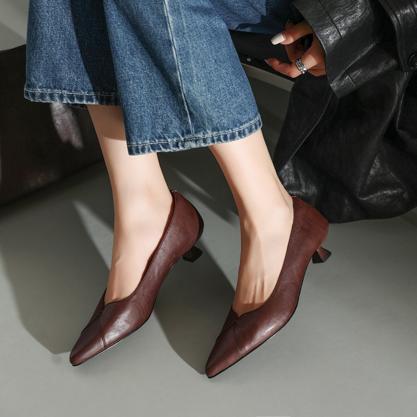 Women's Washed Cowhide Kitten Heel Pumps | Pointed Toe Leather Dress Shoes