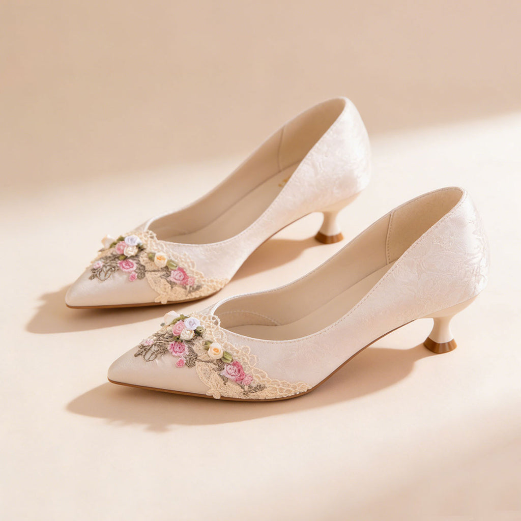 Women's Jacquard Kitten Heel Sandals | Pointed Toe Lace Flower Embroidery Heels