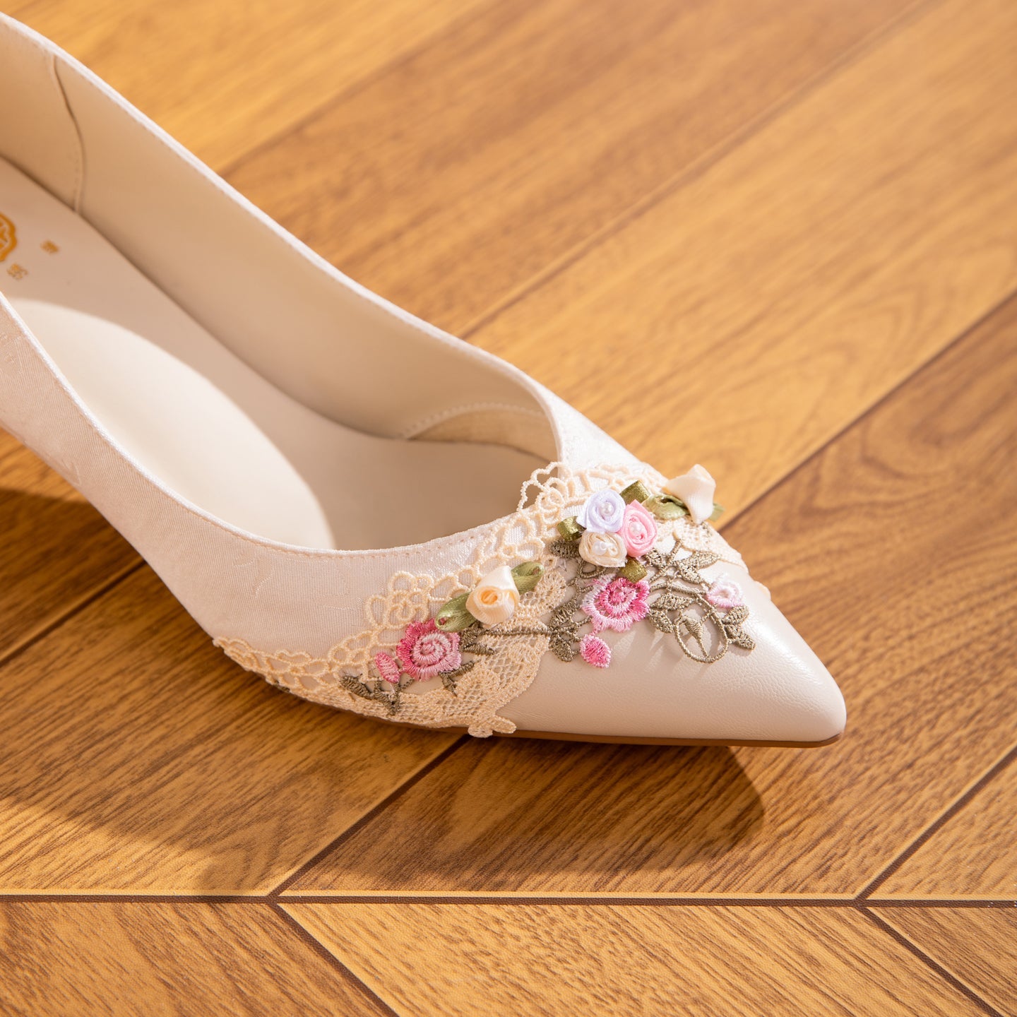 Women's Jacquard Kitten Heel Sandals | Pointed Toe Lace Flower Embroidery Heels