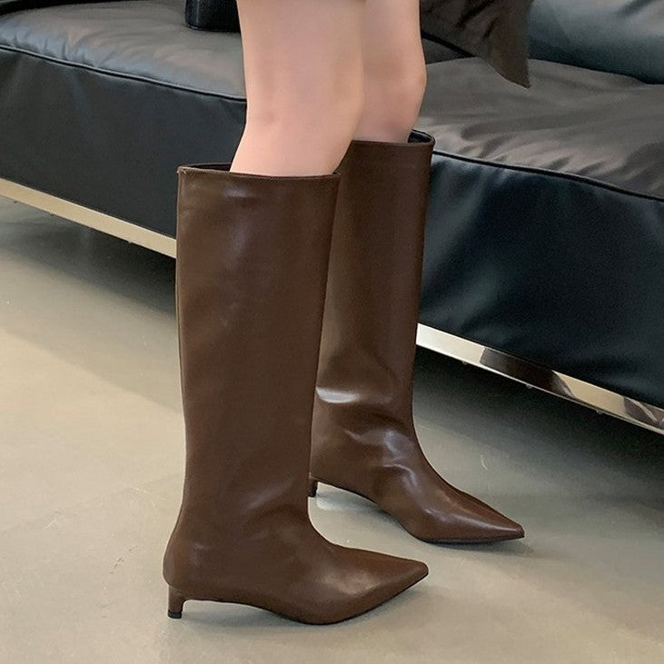 Women's Wide-Calf Knee-High Riding Boots | Pointed Toe Kitten Heel | PU Leather