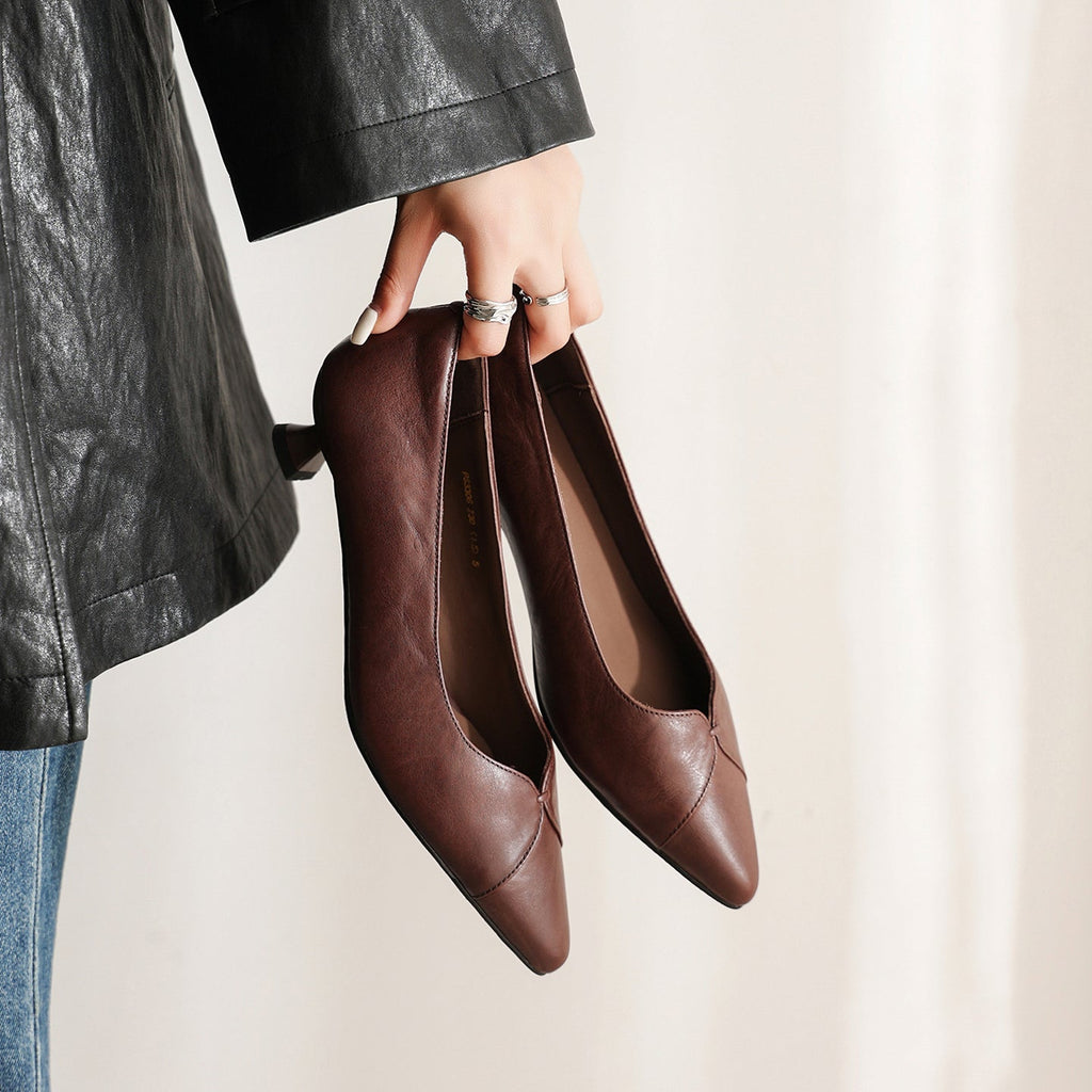 Women's Washed Cowhide Kitten Heel Pumps | Pointed Toe Leather Dress Shoes
